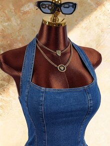 Amplova Women's Metal Decor Pleated Casual Daily Halter Neck Denim Jumpsuit, Casual, Beach Wear For Women, Holiday Outfits, Casual, Sexy, Summer Outfits. Fall - Blue - View 6