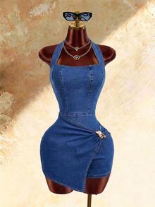 Amplova Women's Metal Decor Pleated Casual Daily Halter Neck Denim Jumpsuit, Casual, Beach Wear For Women, Holiday Outfits, Casual, Sexy, Summer Outfits. Fall - Blue - View 2