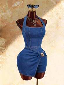 Amplova Women's Metal Decor Pleated Casual Daily Halter Neck Denim Jumpsuit, Casual, Beach Wear For Women, Holiday Outfits, Casual, Sexy, Summer Outfits. Fall - Blue - View 5