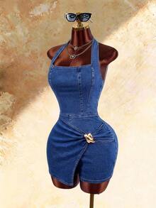 Amplova Women's Metal Decor Pleated Casual Daily Halter Neck Denim Jumpsuit, Casual, Beach Wear For Women, Holiday Outfits, Casual, Sexy, Summer Outfits. Fall - Blue - View 4