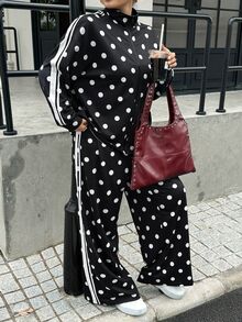 Muchica Casual Polka Dot Print Jacket & Pants Set For Women Plus Size Fall - Black and White - View 4