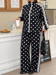 Muchica Casual Polka Dot Print Jacket & Pants Set For Women Plus Size Fall - Black and White - View 8
