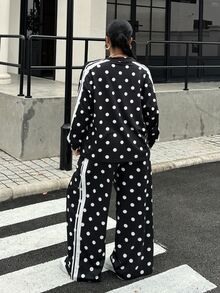 Muchica Casual Polka Dot Print Jacket & Pants Set For Women Plus Size Fall - Black and White - View 2