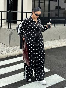 Muchica Casual Polka Dot Print Jacket & Pants Set For Women Plus Size Fall - Black and White - View 5