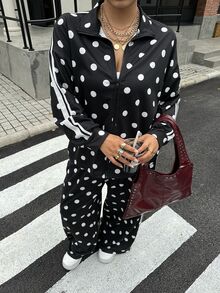 Muchica Casual Polka Dot Print Jacket & Pants Set For Women Plus Size Fall - Black and White - View 3