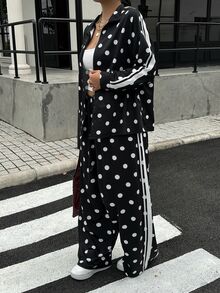 Muchica Casual Polka Dot Print Jacket & Pants Set For Women Plus Size Fall - Black and White - View 6