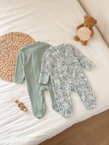 SHEIN Cute Unisex Newborn Baby Ribbed Zipper Pajamas,Sage Green Floral Print Soft Footed Sleepwear For Infants,Autumn Family Matching Footed Sleepsuit - Green - View 3