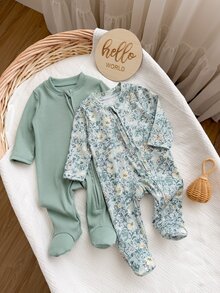 SHEIN Cute Unisex Newborn Baby Ribbed Zipper Pajamas,Sage Green Floral Print Soft Footed Sleepwear For Infants,Autumn Family Matching Footed Sleepsuit - Green - View 2