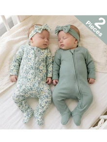 SHEIN Cute Unisex Newborn Baby Ribbed Zipper Pajamas,Sage Green Floral Print Soft Footed Sleepwear For Infants,Autumn Family Matching Footed Sleepsuit - Green - View 8