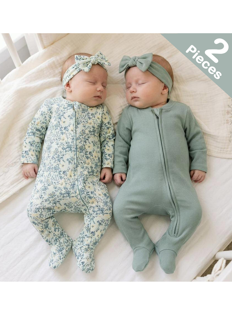 SHEIN Cute Unisex Newborn Baby Ribbed Zipper Pajamas,Sage Green Floral Print Soft Footed Sleepwear For Infants,Autumn Family Matching Footed Sleepsuit - Green - View 8