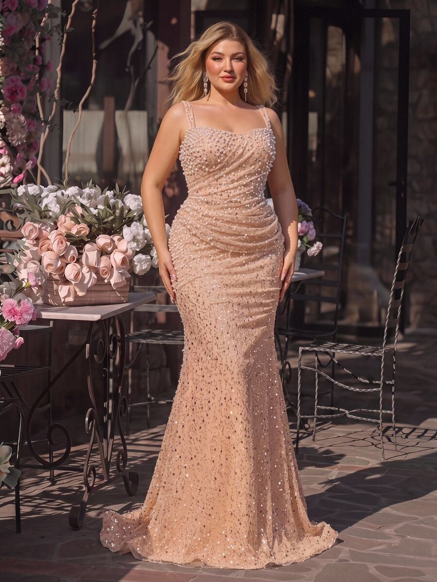 Glamrae Plus Size Elegant Formal Classy Beaded Sequin Bubble Strapless Ruched Mermaid Dress Wedding Evening Prom Dinner Blush Pink Fall New Year