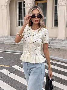 Serisse Women's Gentle French Style Polka Dot Ruffle Hem Knit Cardigan,Fall/Winter Elegant Formal Luxury Business Chic Basic Christmas Back To School - Black and White - View 1