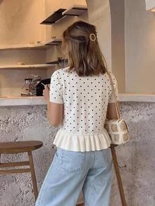Serisse Women's Gentle French Style Polka Dot Ruffle Hem Knit Cardigan,Fall/Winter Elegant Formal Luxury Business Chic Basic Christmas Back To School - Black and White - View 2