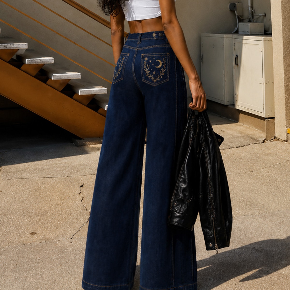 Dark Wash Denim Embroidered Jeans, view 9