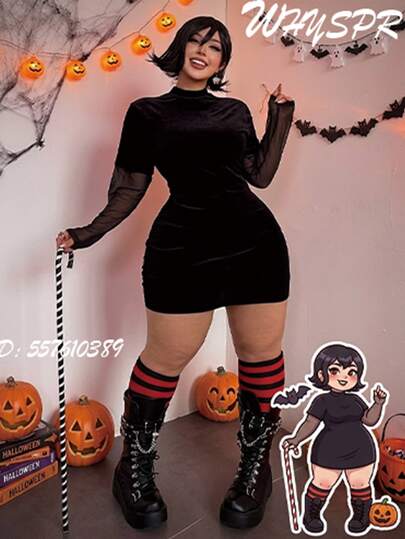 Whyspr Subculture Baddie Halloween Cosplay Dark Sweet Cool Plus Size Curvy Punk Vintage Black Aesthetic Forbidden Gothic Memphis Style Dress High Neck Velvet Stretch Fitted Bodycon Mini Dress Halloween Vampire Cosplay Long Sleeve Dress