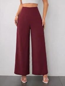 SHEIN PETITE Women's Minimalist Casual Fashion Back To School Old Money Commute High Waist Textured Wide Leg Pants - Burgundy - View 1