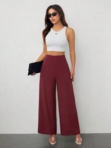 SHEIN PETITE Women's Minimalist Casual Fashion Back To School Old Money Commute High Waist Textured Wide Leg Pants - Burgundy - View 4