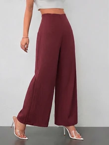 SHEIN PETITE Women's Minimalist Casual Fashion Back To School Old Money Commute High Waist Textured Wide Leg Pants - Burgundy - View 3