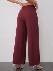 SHEIN PETITE Women's Minimalist Casual Fashion Back To School Old Money Commute High Waist Textured Wide Leg Pants - Burgundy - View 2