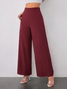 SHEIN PETITE Women's Minimalist Casual Fashion Back To School Old Money Commute High Waist Textured Wide Leg Pants - Burgundy - View 5