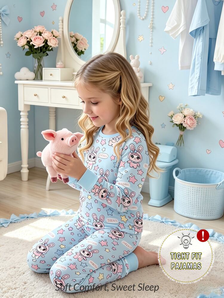Snug Fit Pajama Girls' Home Wear Cute Funny Little Ghost Bow Print Pink Soft Comfortable High Elasticity Snug Fit Long Sleeve Long Pants 2 Pieces Set - Blue - View 3