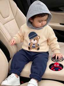 Souflis Souflis Set Sweatshirt Fleece Berkerudung Motif Beruang Lucu untuk Bayi Laki-laki - Aprikot - View 3