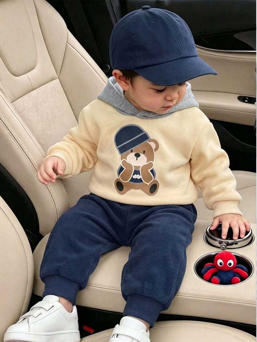 Souflis Souflis Set Sweatshirt Fleece Berkerudung Motif Beruang Lucu untuk Bayi Laki-laki - Aprikot - View 1