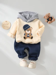 Souflis Souflis Set Sweatshirt Fleece Berkerudung Motif Beruang Lucu untuk Bayi Laki-laki - Aprikot - View 2