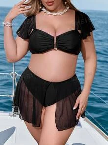 SHEIN Swim Curve 大码比基尼套装采用 U 型金属扣装饰和荷叶边下摆设计夏季 - 黑色 - 查看 1