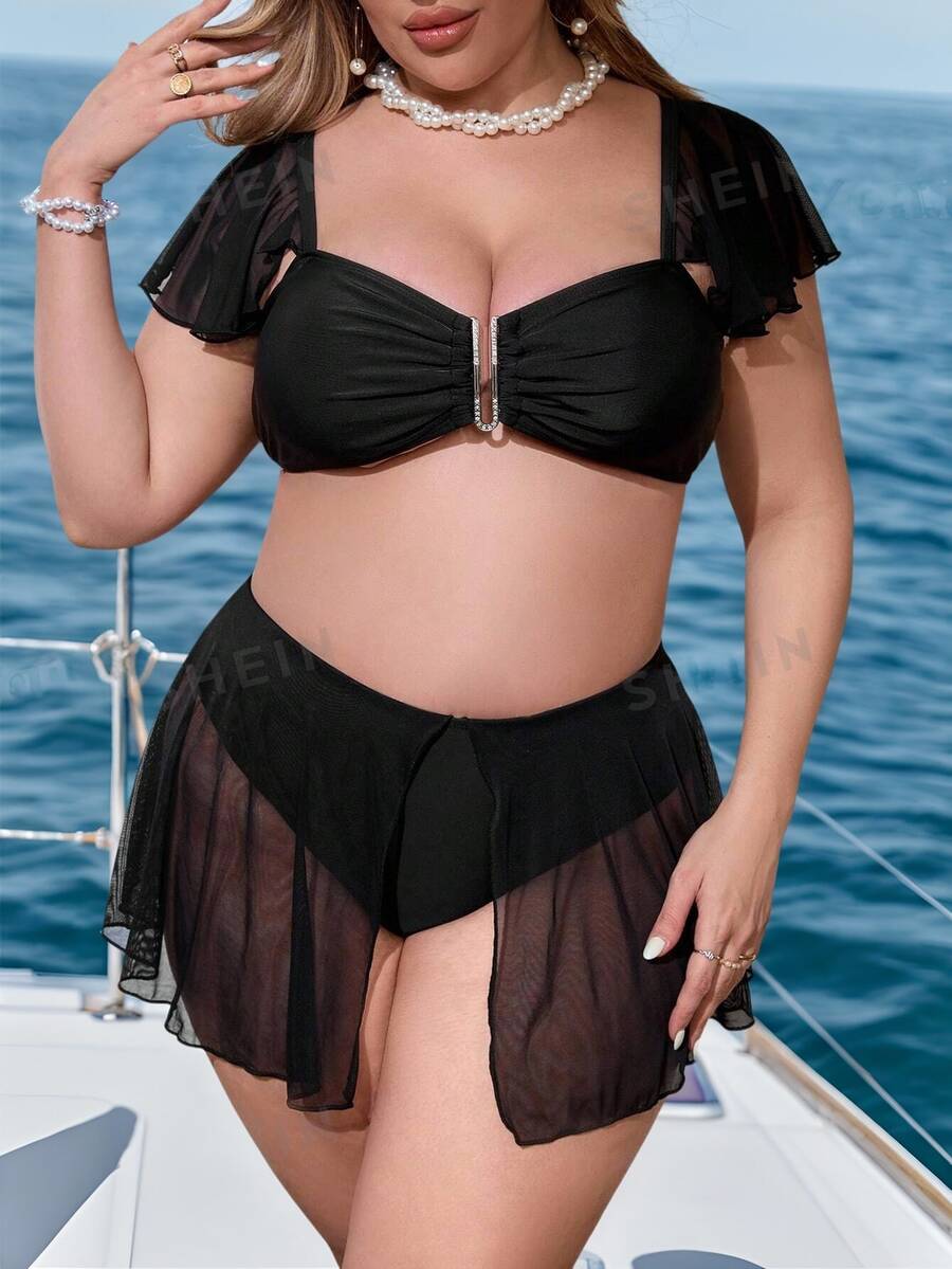 SHEIN Swim Curve 大码比基尼套装采用 U 型金属扣装饰和荷叶边下摆设计夏季 - 黑色 - 查看 1