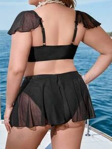 SHEIN Swim Curve 大码比基尼套装采用 U 型金属扣装饰和荷叶边下摆设计夏季 - 黑色 - 查看 2