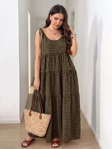 SHEIN LUNE Gaun Kasual Tanpa Lengan Motif Kotak-kotak dengan Simpul Bahu dan Hem Bergelombang untuk Wanita Ukuran Besar - MultiWarna - View 7