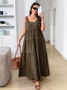 SHEIN LUNE Gaun Kasual Tanpa Lengan Motif Kotak-kotak dengan Simpul Bahu dan Hem Bergelombang untuk Wanita Ukuran Besar - MultiWarna - View 3