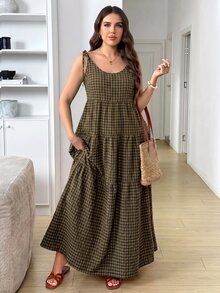 SHEIN LUNE Gaun Kasual Tanpa Lengan Motif Kotak-kotak dengan Simpul Bahu dan Hem Bergelombang untuk Wanita Ukuran Besar - MultiWarna - View 8