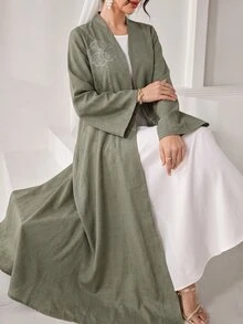 SHEIN Najma 優雅軍綠色花卉拼接日常四季款女式阿拉伯長袍 - 軍綠色 - 查看 8