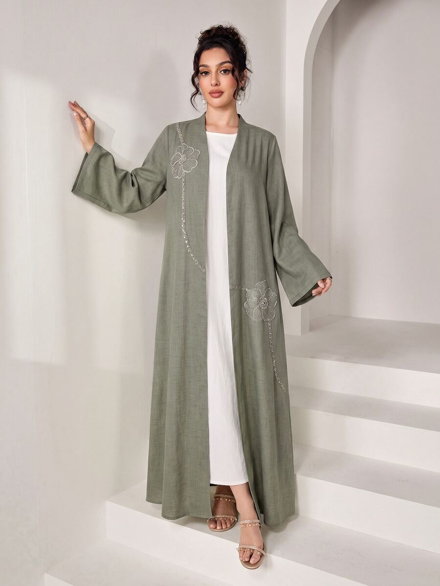 SHEIN Najma Elegant Army Green Floral Patchwork Daily All-Season Women's Arabic Abaya