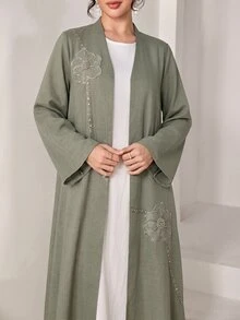 SHEIN Najma 優雅軍綠色花卉拼接日常四季款女式阿拉伯長袍 - 軍綠色 - 查看 4