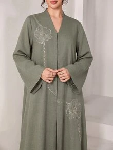 SHEIN Najma 優雅軍綠色花卉拼接日常四季款女式阿拉伯長袍 - 軍綠色 - 查看 6
