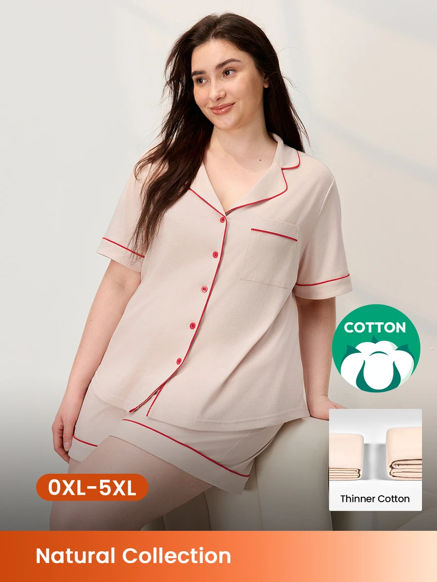 LUVLETTE Women's Plus-Size Soft 100% Pure Cotton Cream Tones Pajamas Lounge Sets Bridal Intimates Boxer Set,Spring And Summer Cotton Pajamas - Apricot - View 1