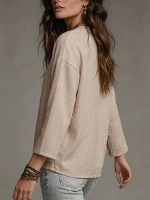 OPHERINE Blus Wanita Model V-Neck Terbaru, Gaya Liburan Kasual Serbaguna - Aprikot - View 2