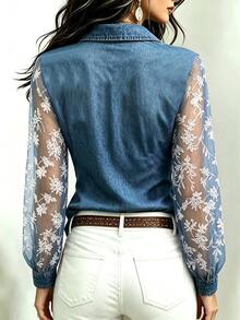 Balvessa Blus Wanita Motif Jala Patchwork Berwarna-warni Kasual Serbaguna untuk Pemakaian Sehari-hari - Biru - View 2