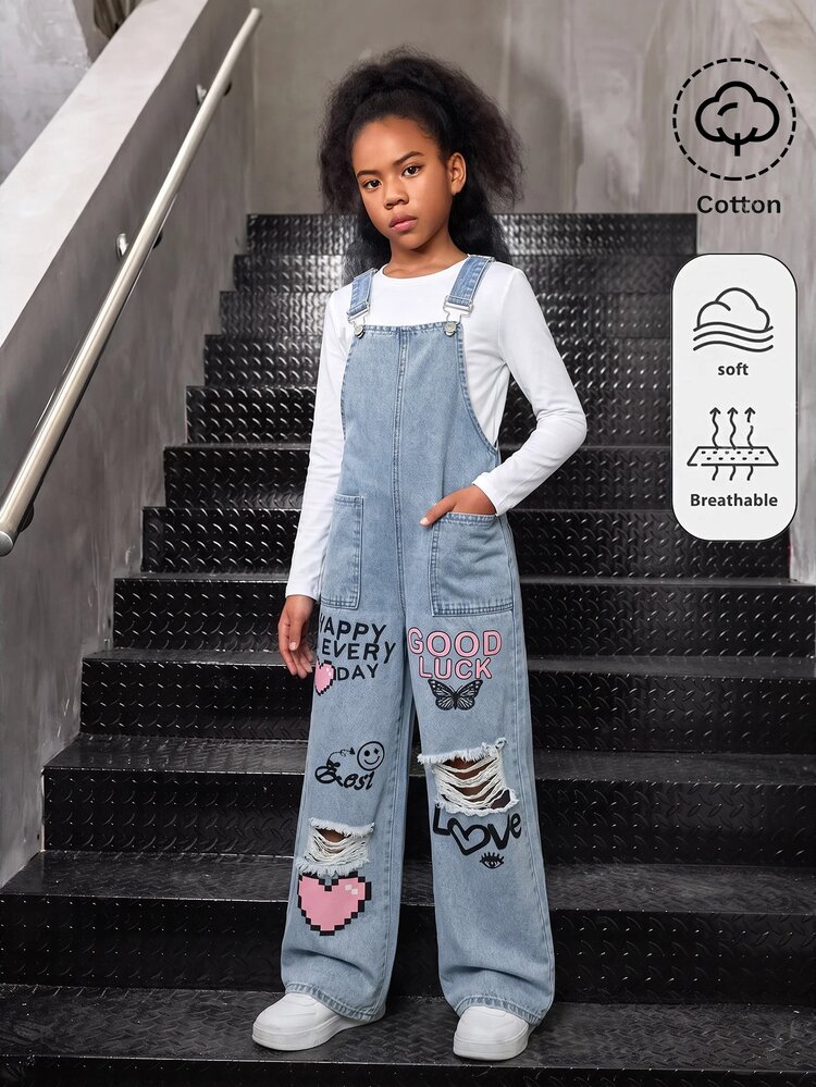SHEIN Girls' Light Blue Denim Loose Overalls With Smiling Face & Heart Graffiti Pattern Cute Basic Fall Casual Halloween New Year School - Blue - View 2