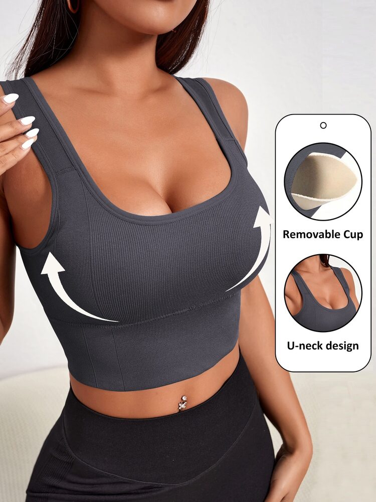 Slayform Slayform Seamless Scoop Neck Backless Sleeveless Sports Bra, Solid Color - Dark Grey - View 1