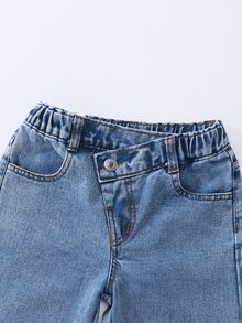 SHEIN 少女 Y2K 街頭日常彈力腰直筒牛仔褲，平口袋設計，秋季日常 OOTD - 中等水洗藍 - 查看 5