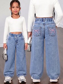 SHEIN 少女 Y2K 街頭日常彈力腰直筒牛仔褲，平口袋設計，秋季日常 OOTD - 中等水洗藍 - 查看 3