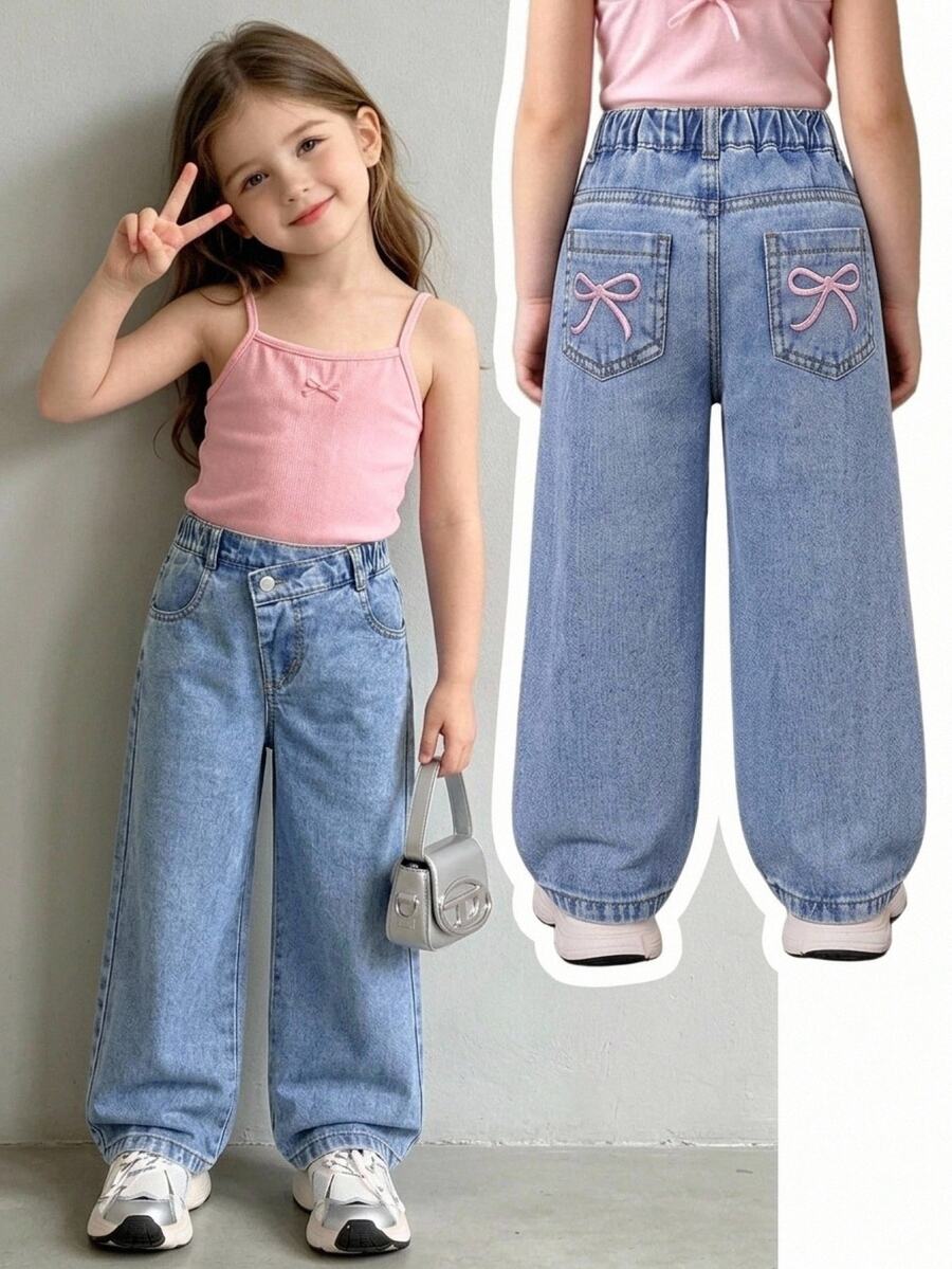 SHEIN 少女 Y2K 街頭日常彈力腰直筒牛仔褲,平口袋設計,秋季日常 OOTD - 中等水洗藍 - 查看 1