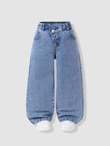 SHEIN 少女 Y2K 街頭日常彈力腰直筒牛仔褲，平口袋設計，秋季日常 OOTD - 中等水洗藍 - 查看 4