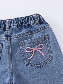 SHEIN 少女 Y2K 街頭日常彈力腰直筒牛仔褲，平口袋設計，秋季日常 OOTD - 中等水洗藍 - 查看 6