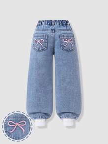 SHEIN 少女 Y2K 街頭日常彈力腰直筒牛仔褲，平口袋設計，秋季日常 OOTD - 中等水洗藍 - 查看 2