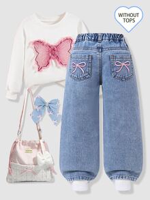 SHEIN 少女 Y2K 街頭日常彈力腰直筒牛仔褲，平口袋設計，秋季日常 OOTD - 中等水洗藍 - 查看 7